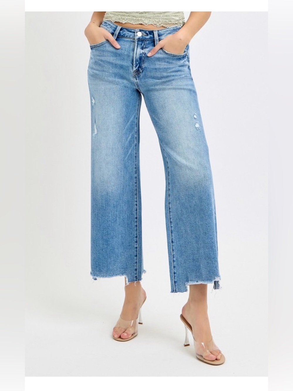 Risen High Rise Crop Wide Jeans Medium Wash NWT - Picture 3 of 7